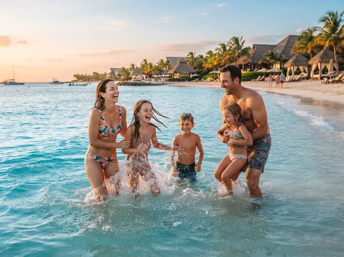 Happy family of five enjoying a tropical beach vacation at a luxury resort