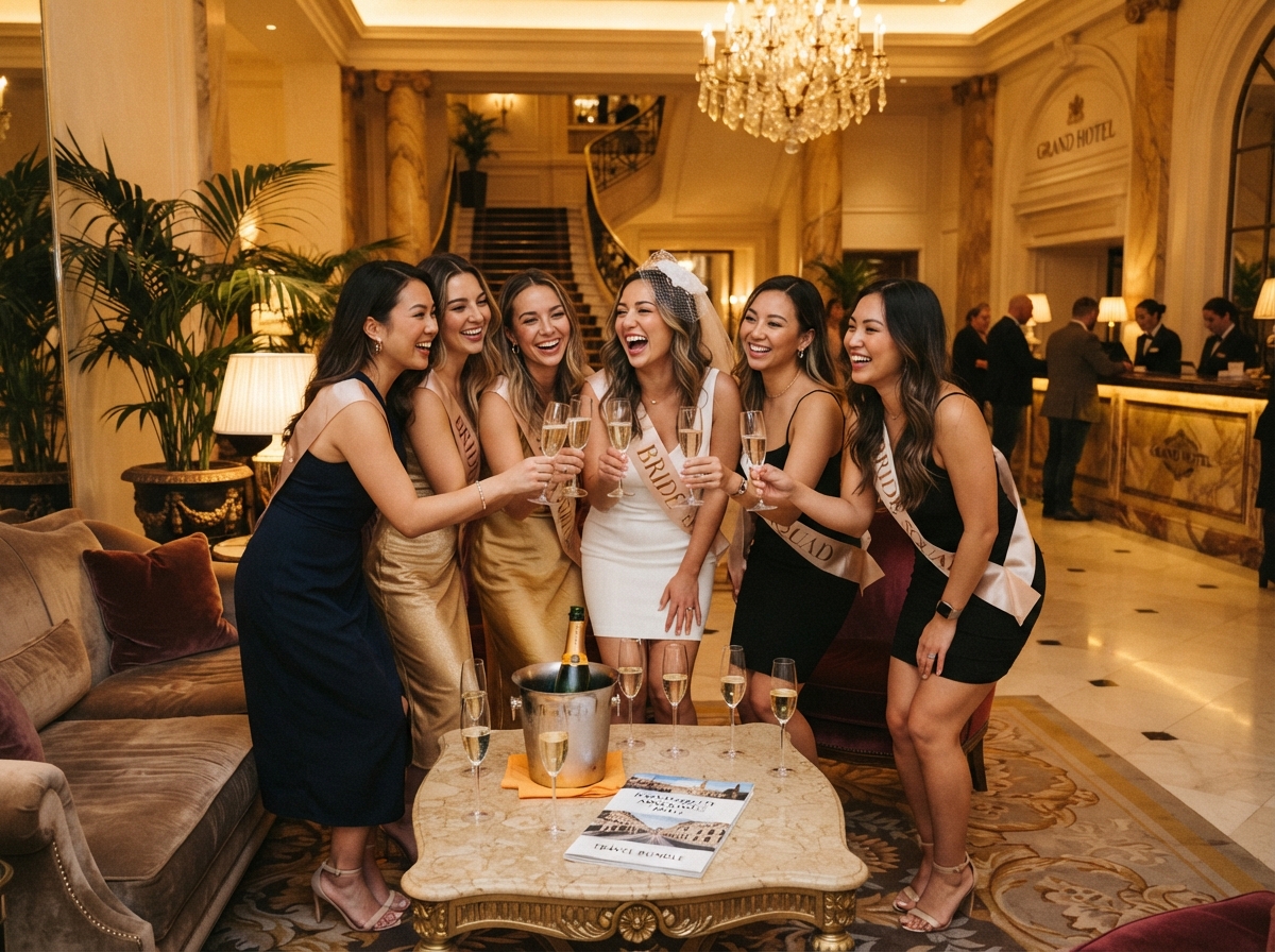 Bachelorette group celebrating with champagne in luxury hotel