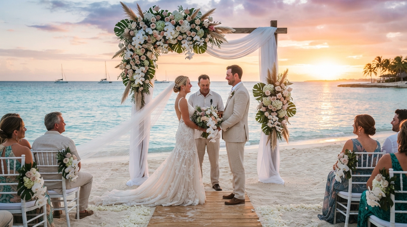 Couple getting married at beach ceremony in Majestic Resorts