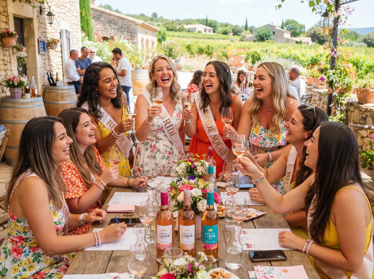 Bachelorette party enjoying a wine tasting activity together