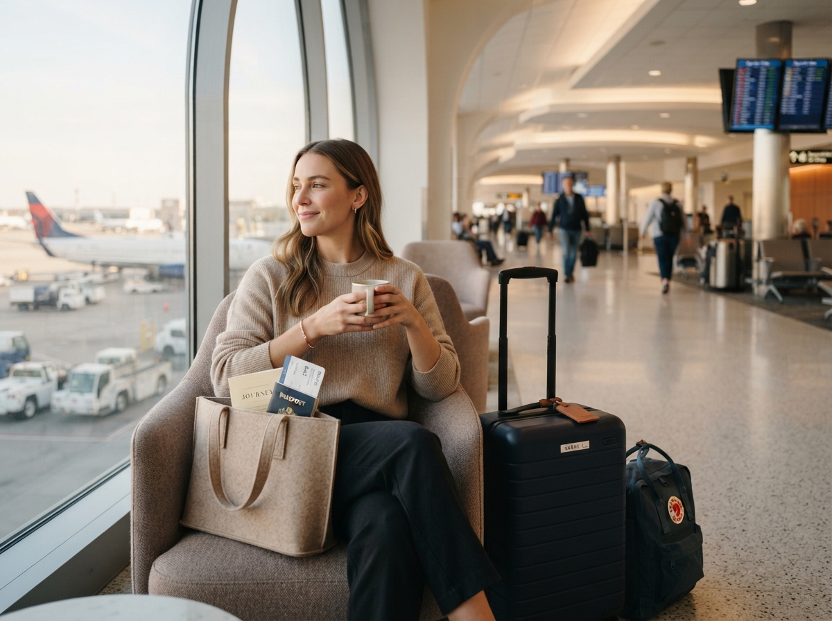Peaceful travel scene with luggage in an airport terminal
