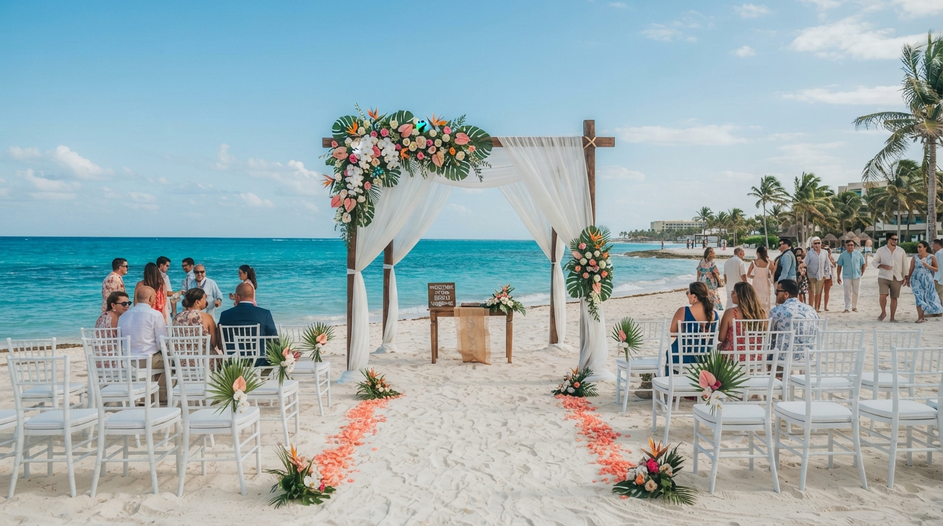 Iberostar Beachfront Resort Wedding Setup with Arch and Turquoise Ocean