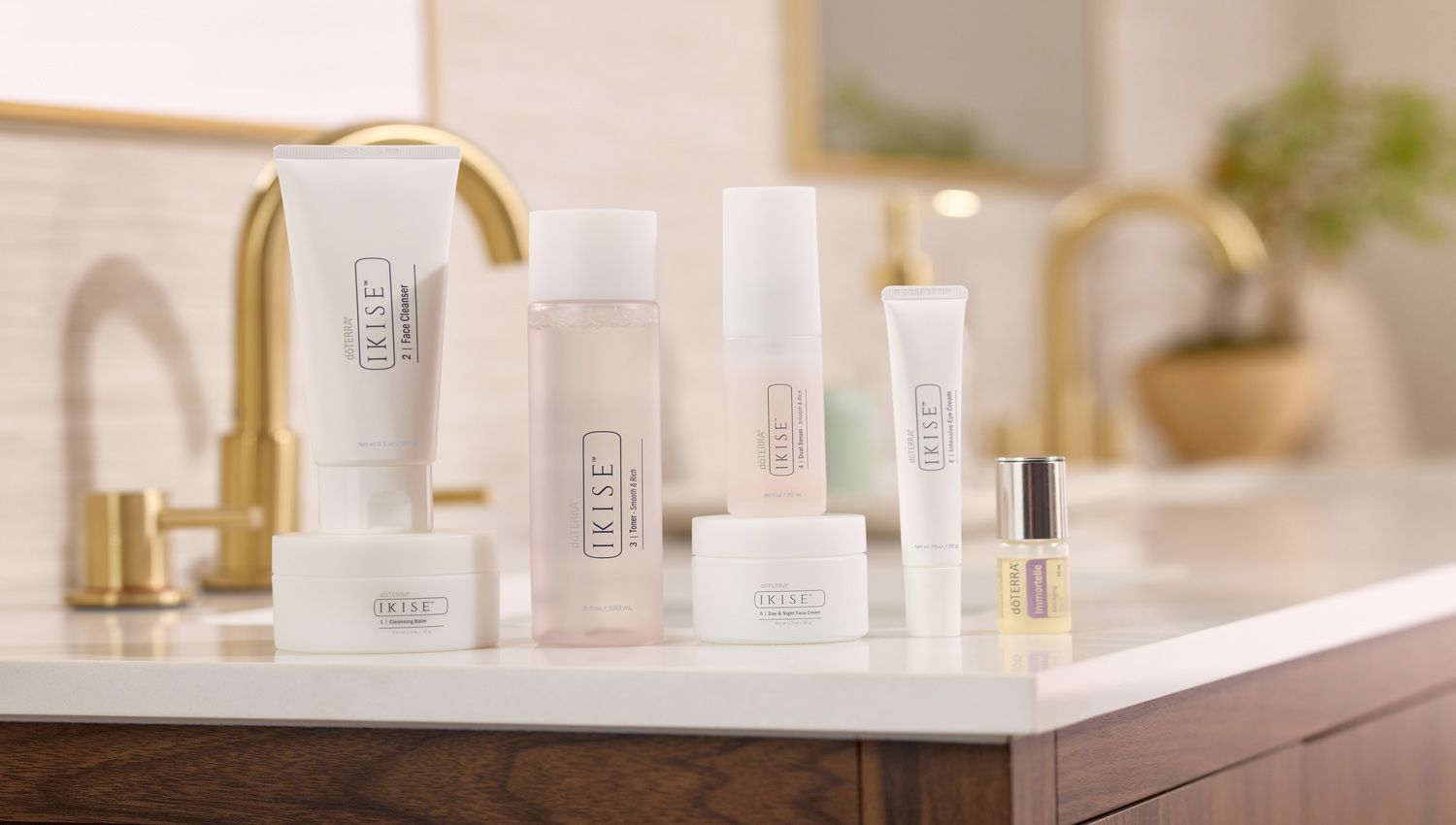 IKISE Skincare Line on bathroom vanity