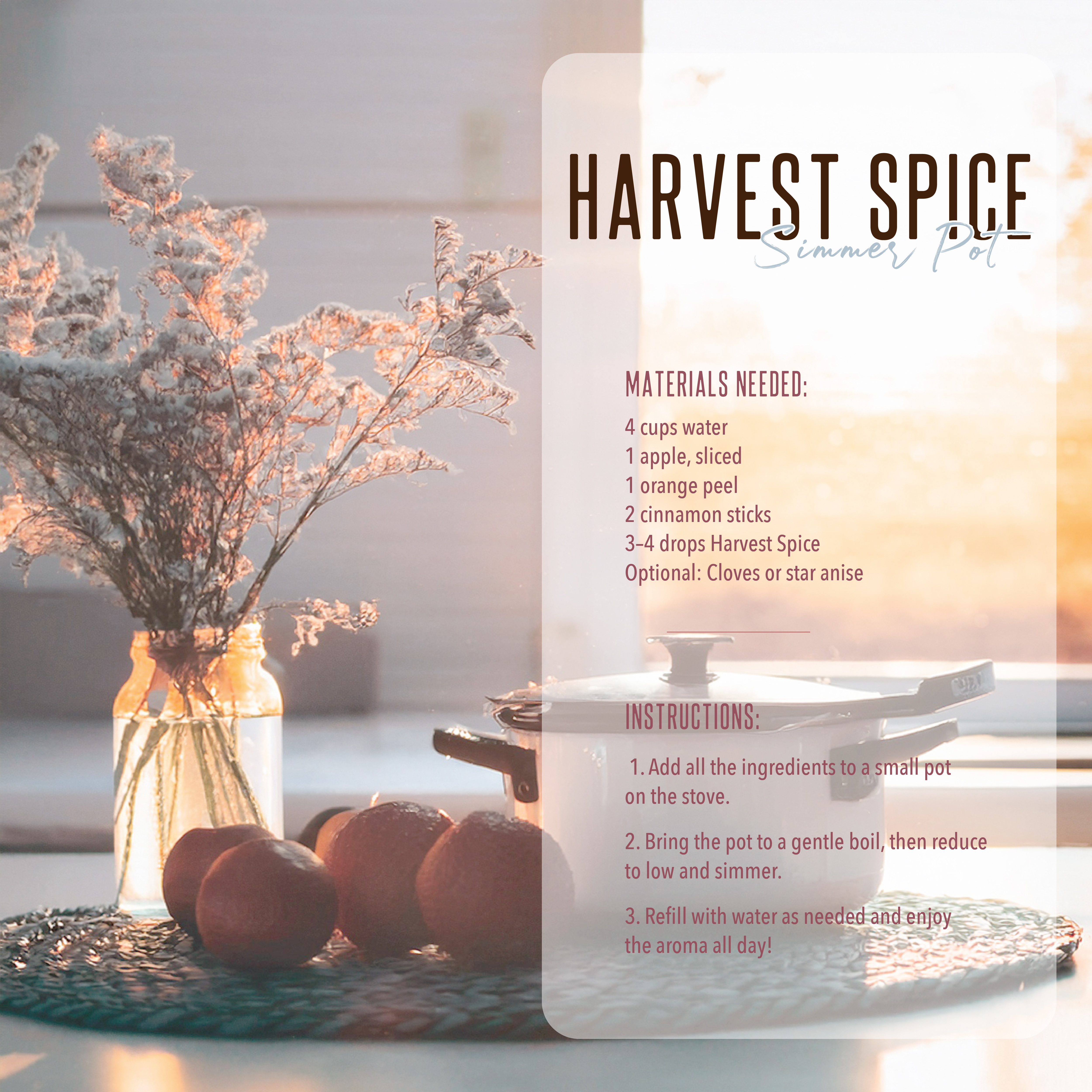Harvest Spice Simmer Pot Recipe - Create cozy autumn aromas with doTERRA Harvest Spice essential oil