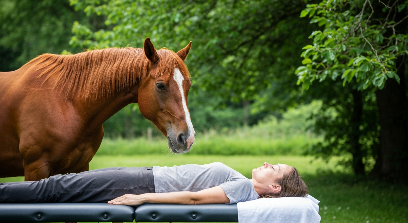 Person receiving energetic healing with a horse nearby