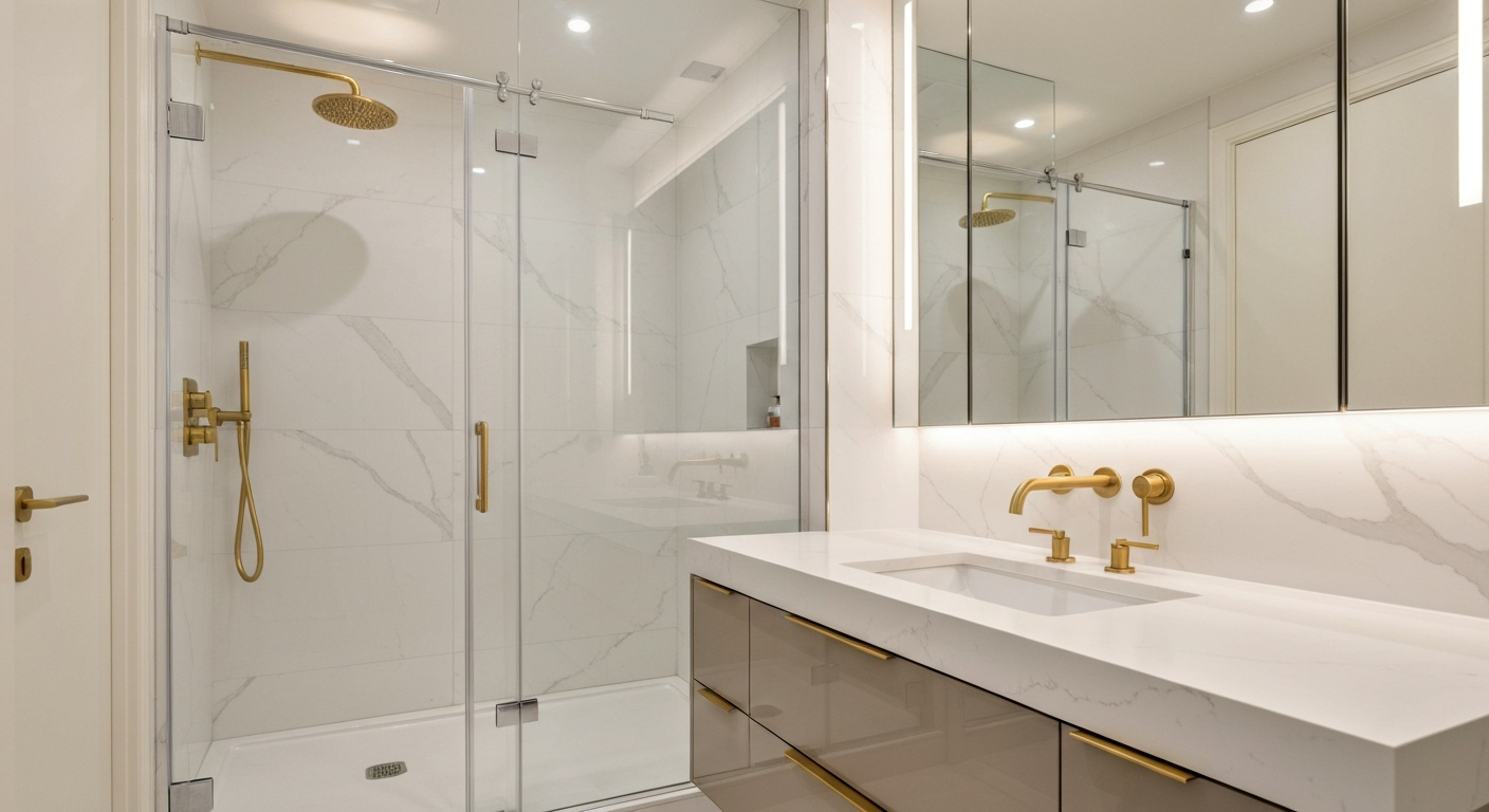Walk-in glass shower bathroom renovation with marble tile in Maryland
