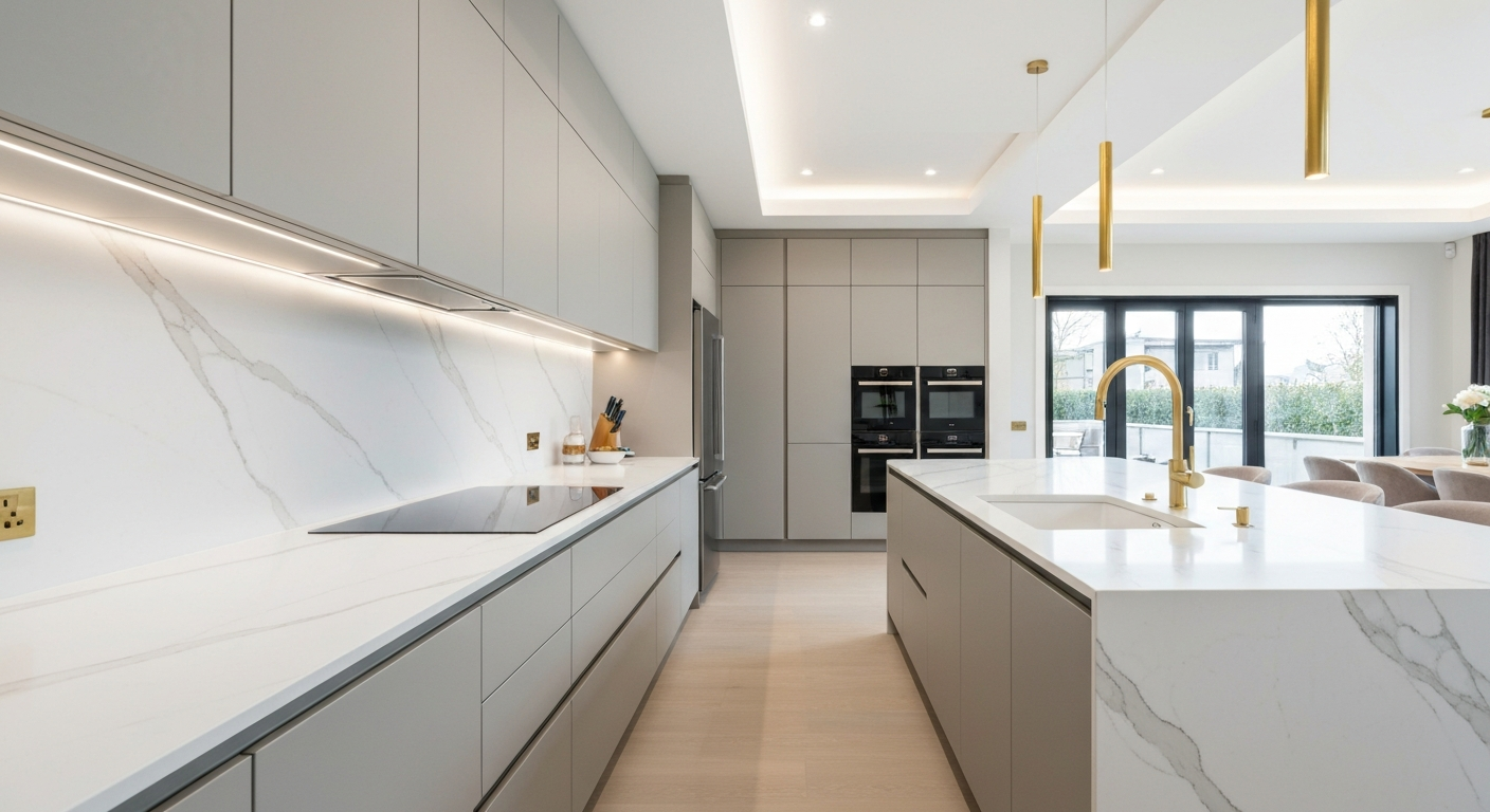 White shaker cabinet kitchen remodel with quartz island in Maryland