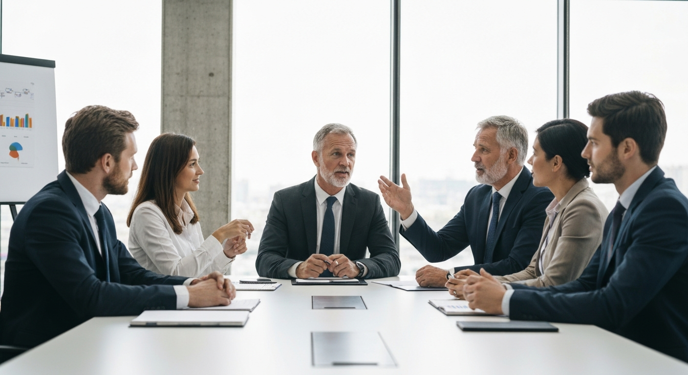 Professional team collaboration, employees and boss at a desk