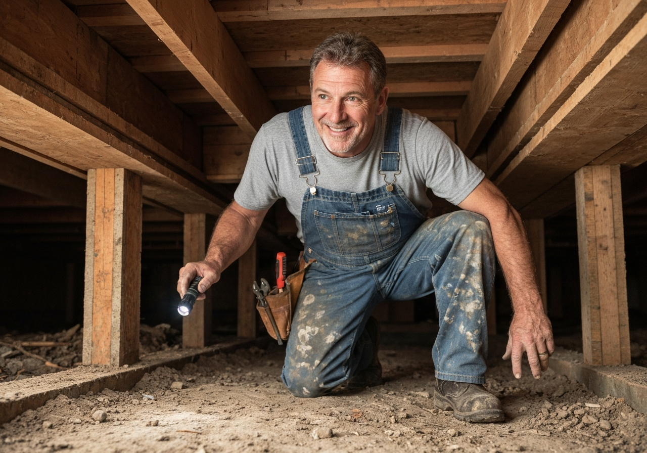 Foundation repair technician looking under a house crawlspace