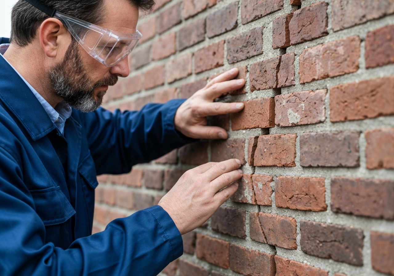 Professional inspecting a stair-step crack in a brick wall