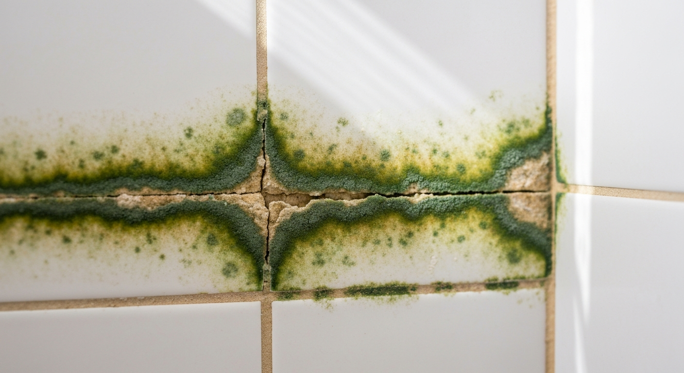 Mildew forming on white bathroom shower grout