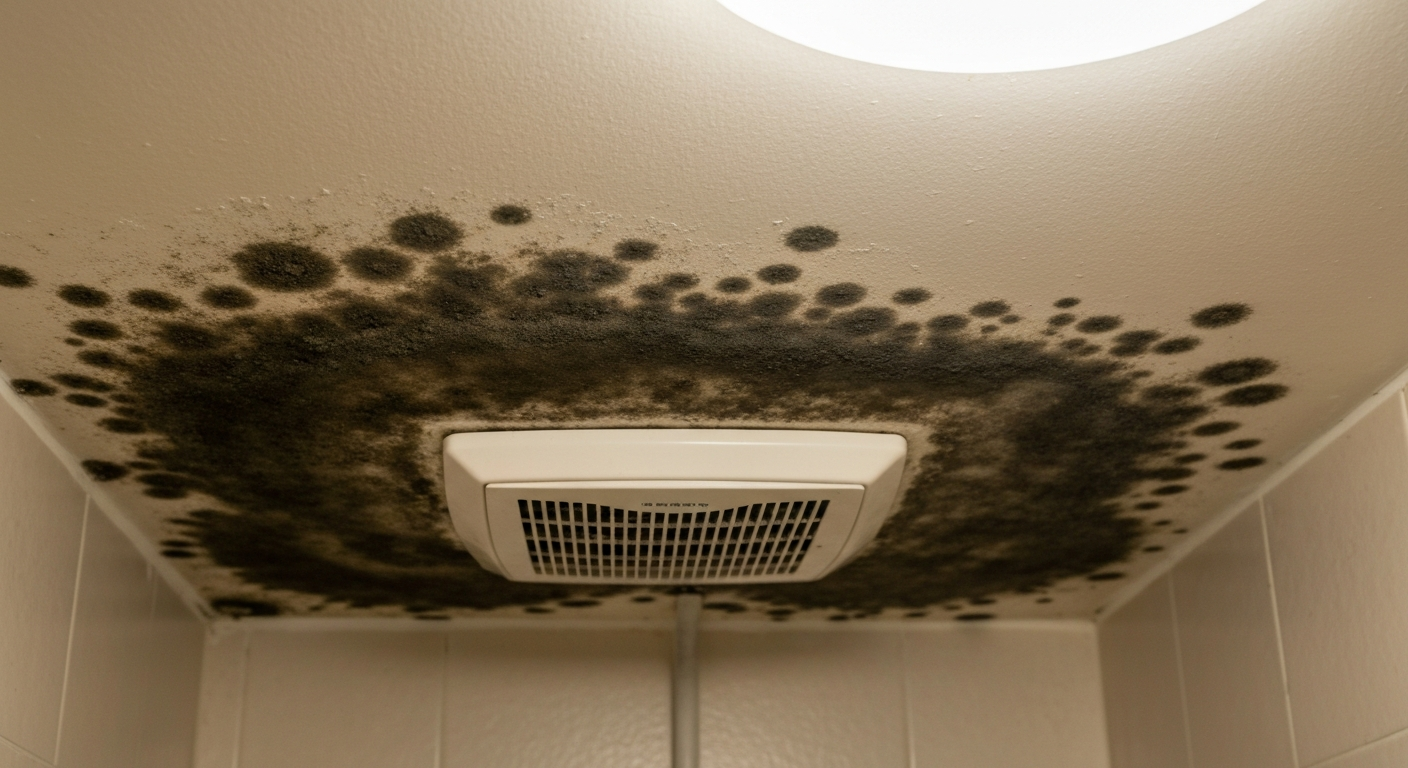 Dark mold spots spreading on a bathroom ceiling