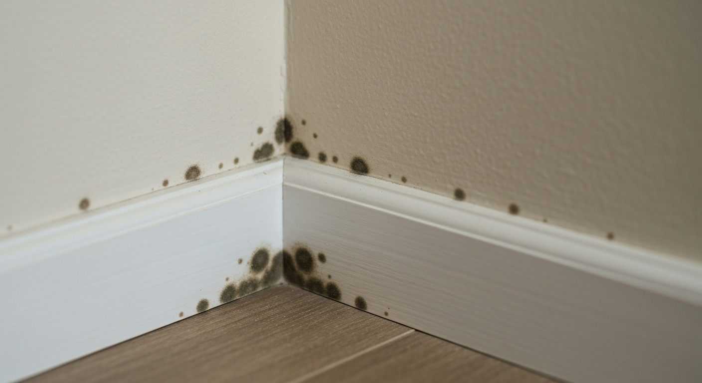 Dark mold spots starting to appear along a white baseboard
