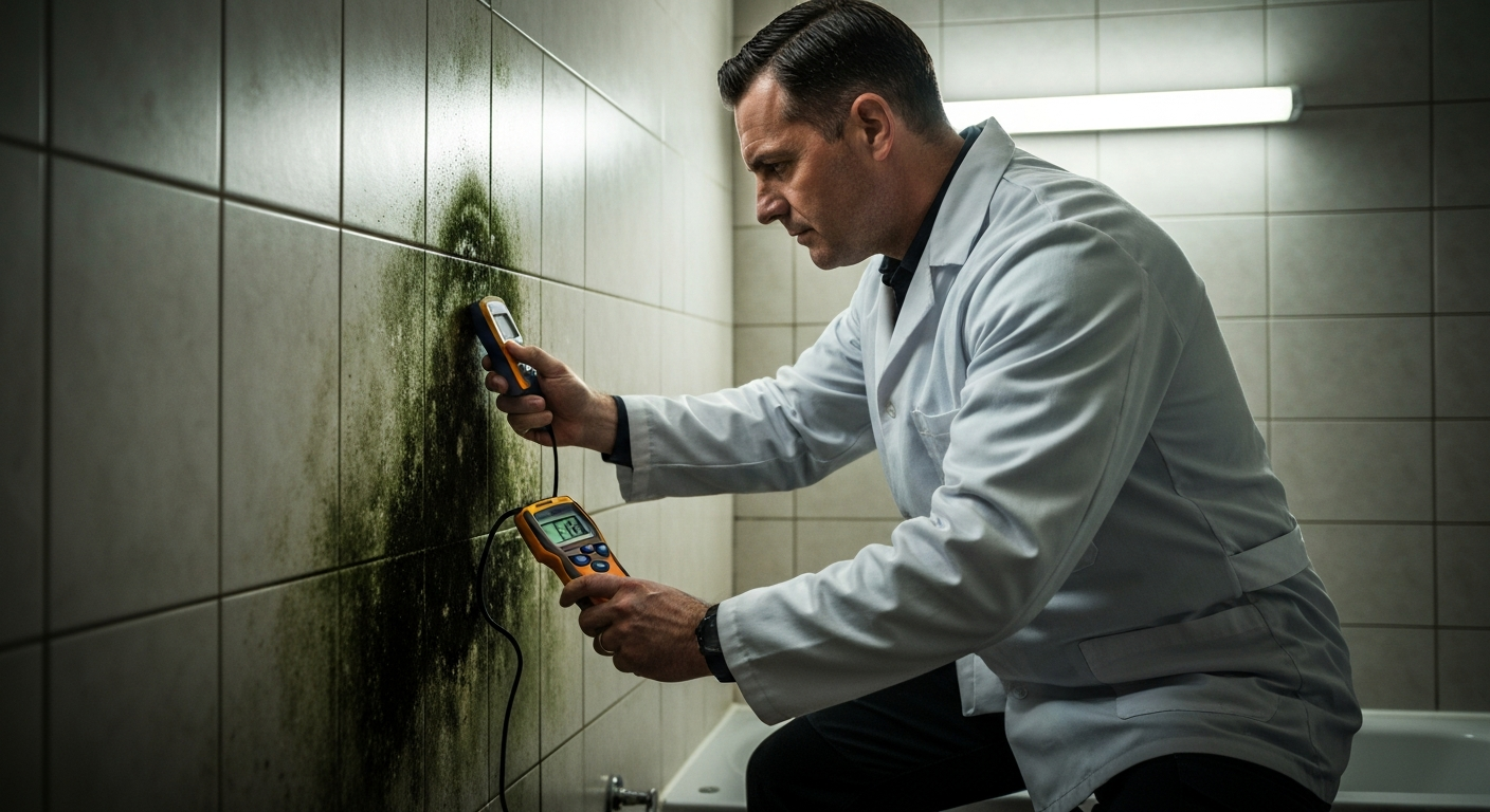 Professional mold inspector examining a bathroom wall