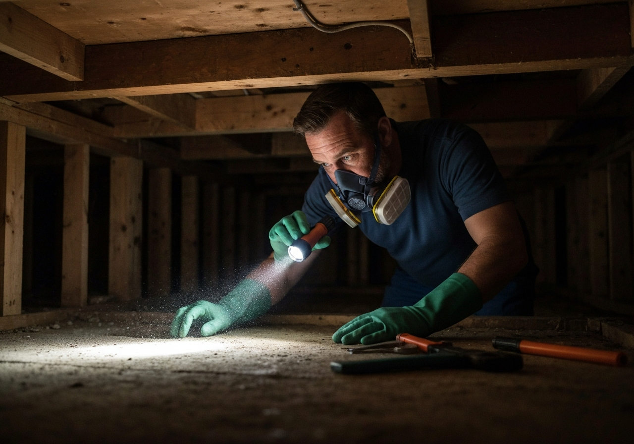 Mold remediation technician looking under a house crawlspace