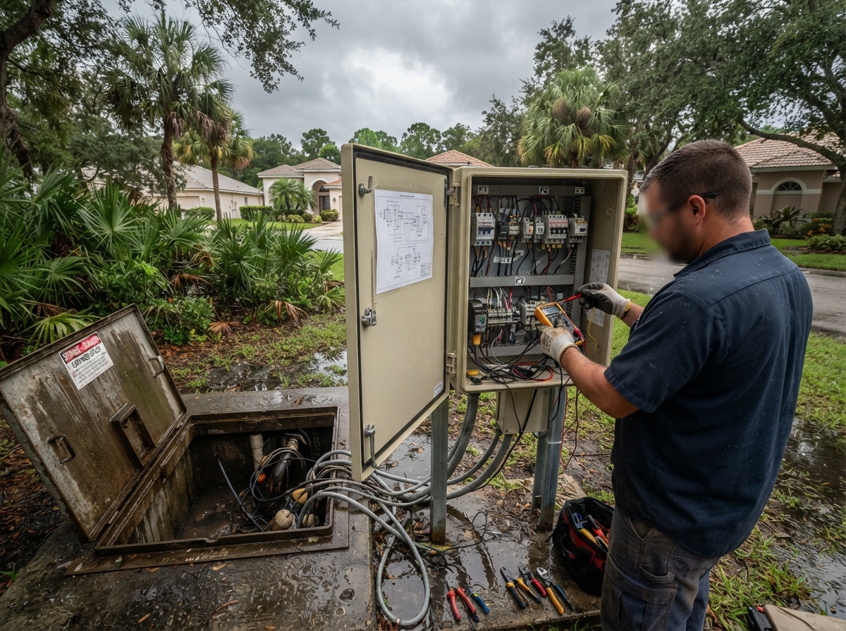 Sewage lift station float switch repair after a storm-related power outage in San Carlos Park