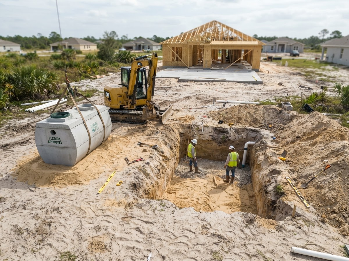 New septic tank installation at a new-construction lot in Cape Coral