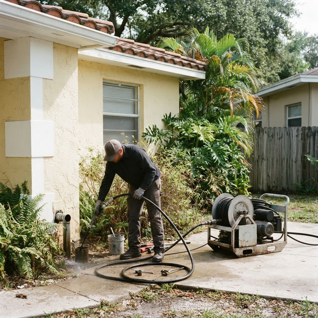 Hydro-jetting equipment at a cleanout access point during drain cleaning service in Fort Myers