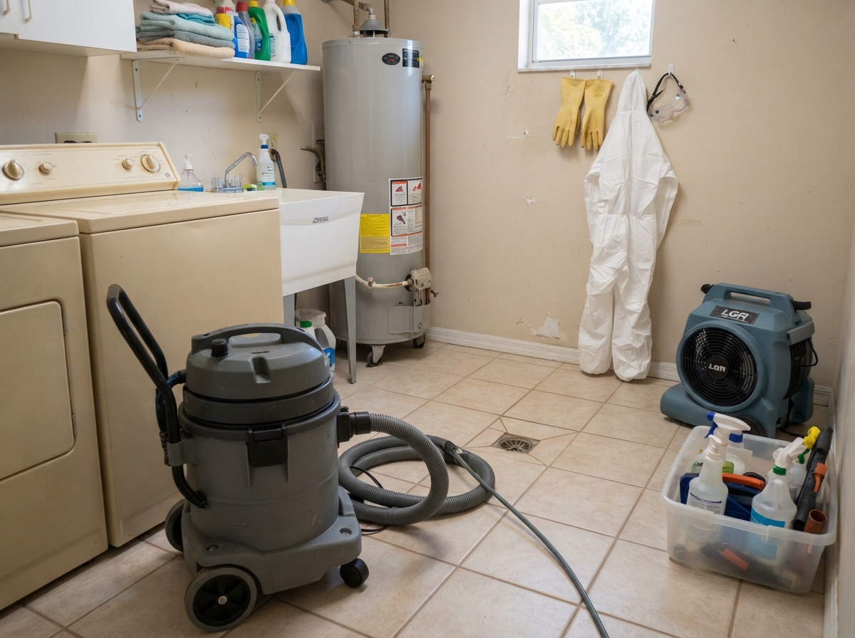 Sewage backup cleanup equipment staged in a Fort Myers home following a storm-related backup