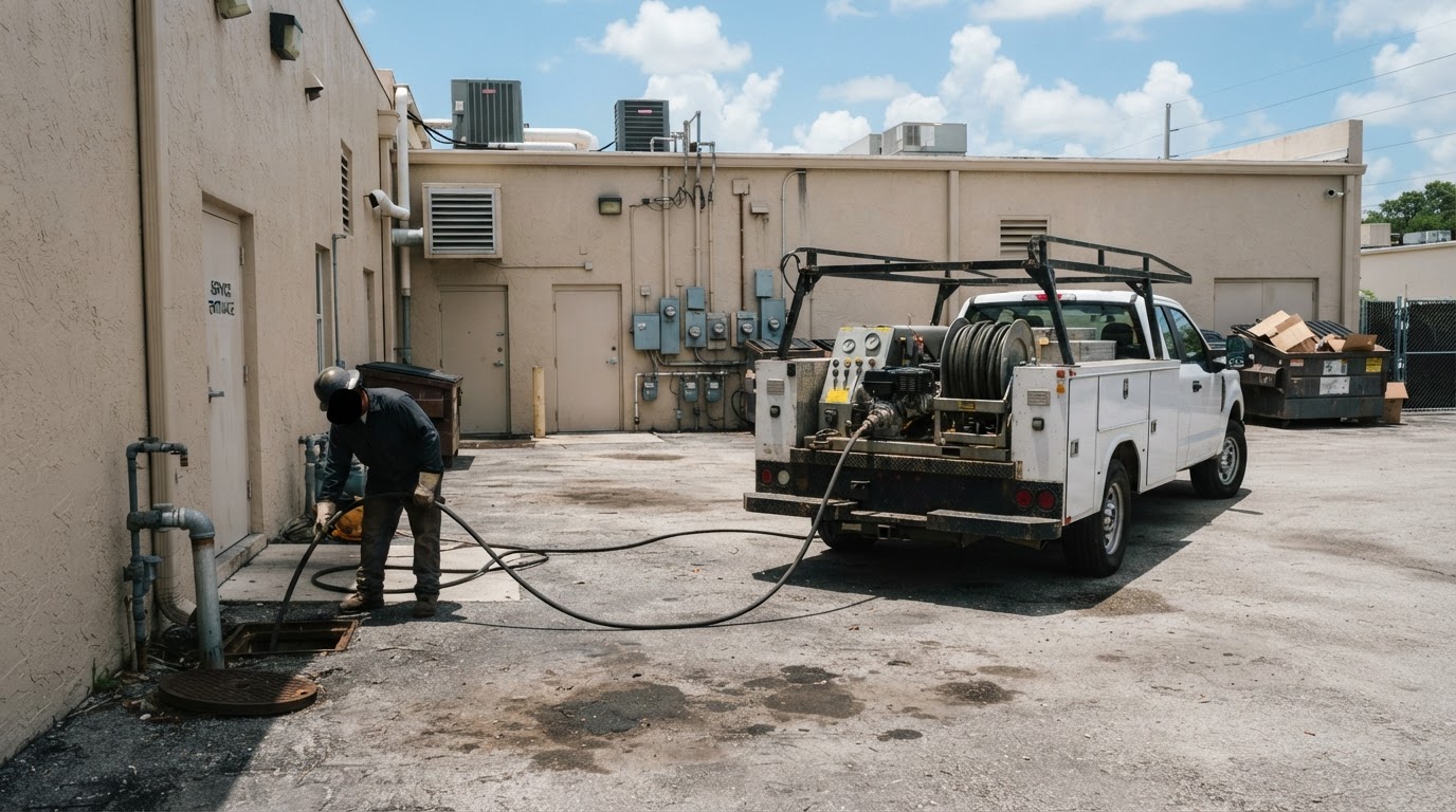 Commercial hydro-jetting service at a retail and restaurant plaza in Fort Myers