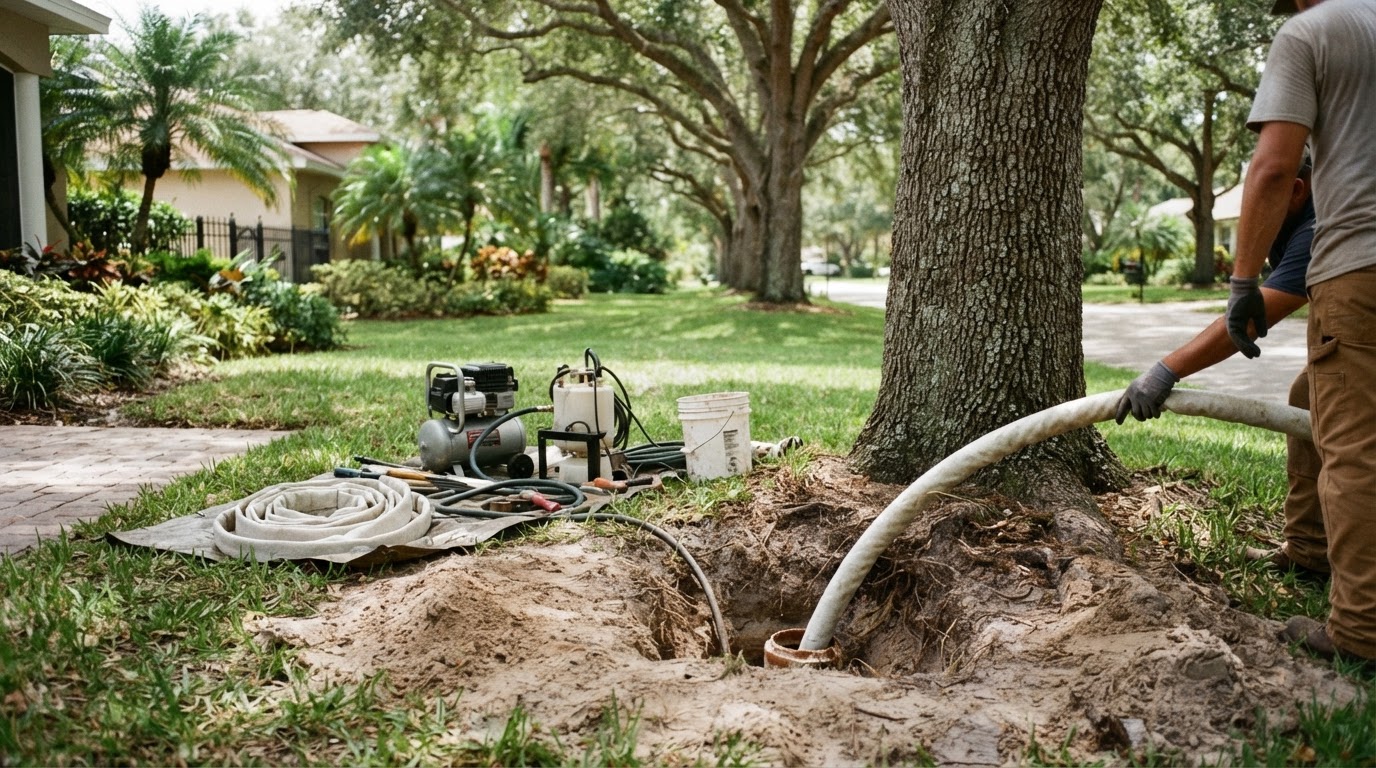 CIPP lining access point for root intrusion repair in a Fort Myers residential yard