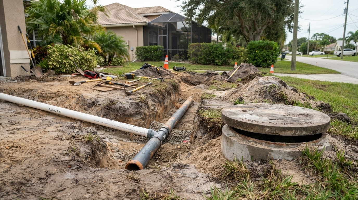 Septic-to-sewer conversion connection point during a Cape Coral UEP-area home conversion