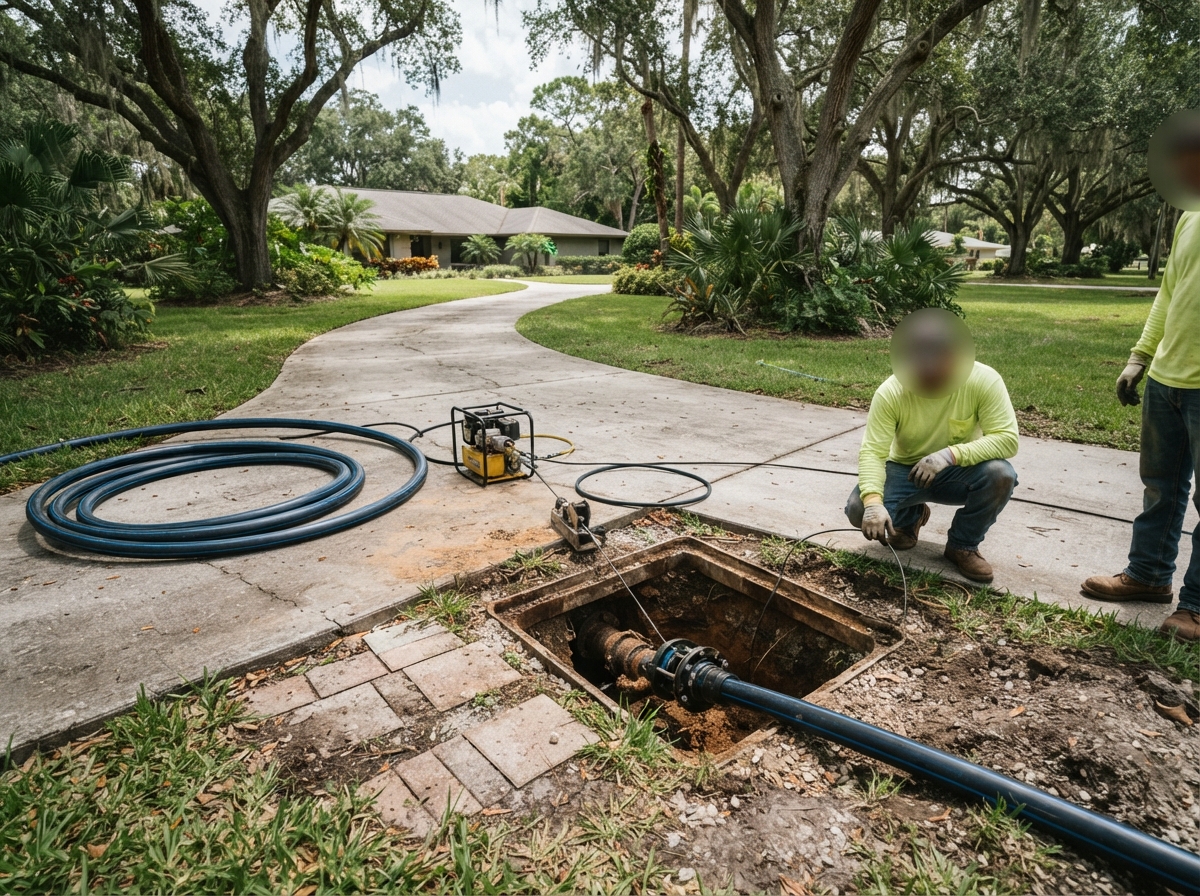 Pipe bursting access pit with HDPE pipe near a residential driveway in Fort Myers