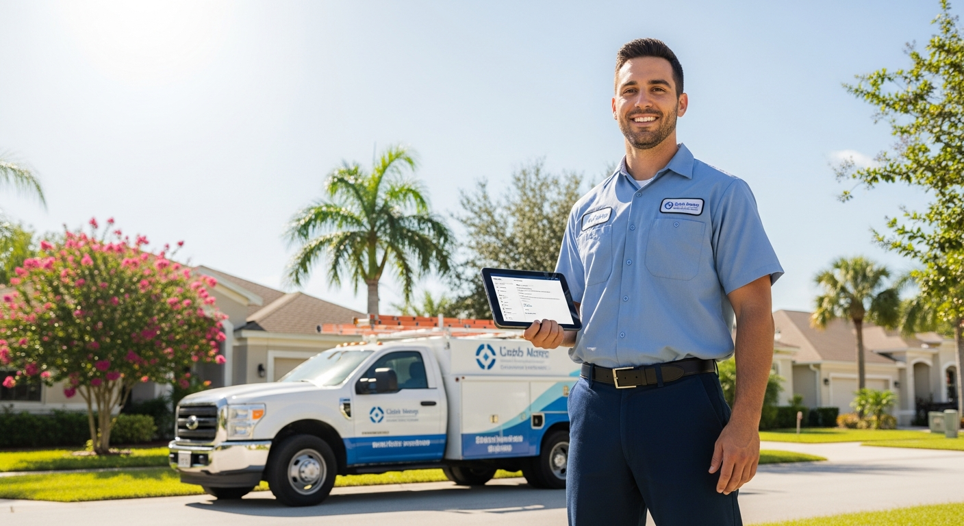 Professional technician with service truck