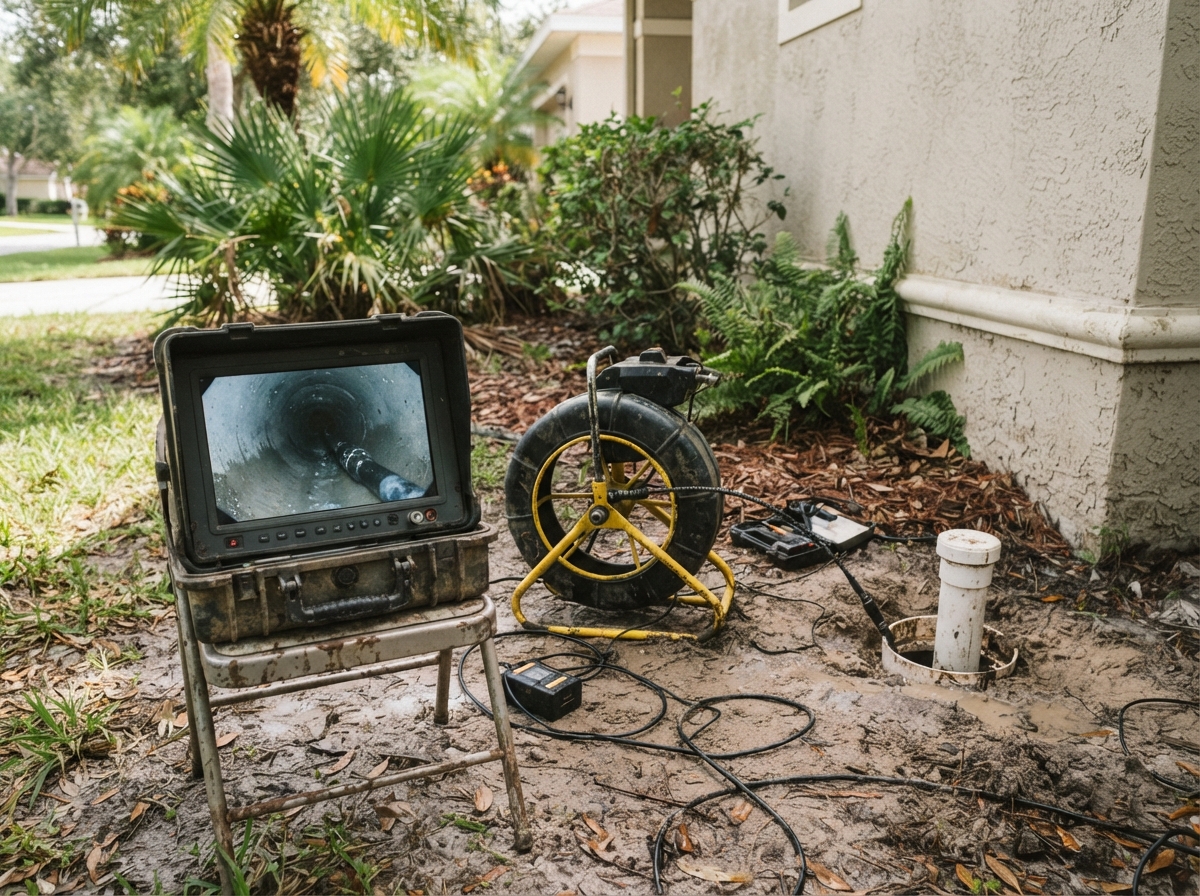 Sewer camera inspection equipment at a residential cleanout in North Fort Myers
