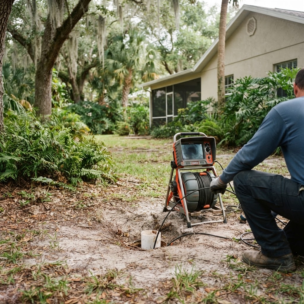 Camera inspection equipment confirming root intrusion in a Fort Myers residential sewer line