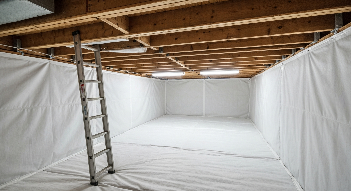 Clean encapsulated crawl space with vapor barrier