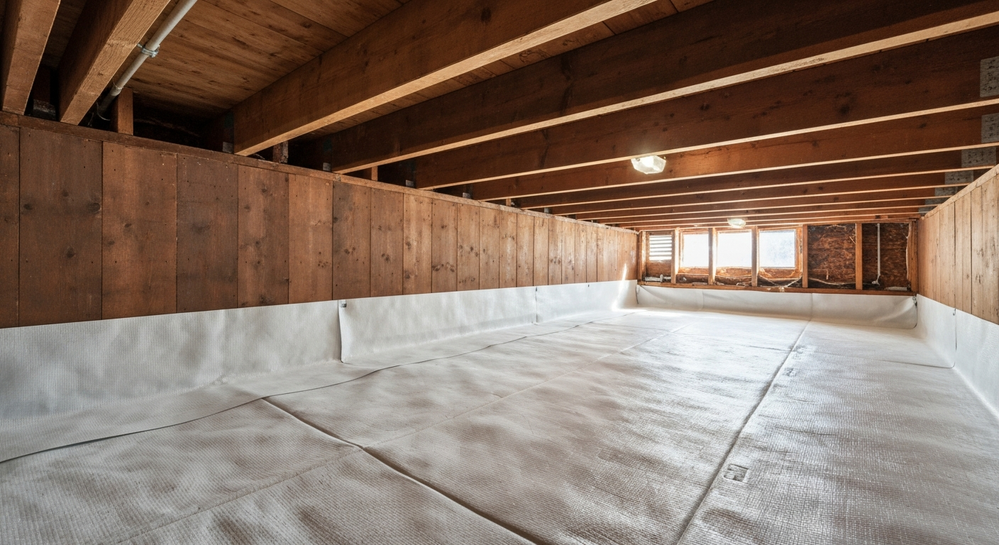 Clean crawl space with vapor barrier