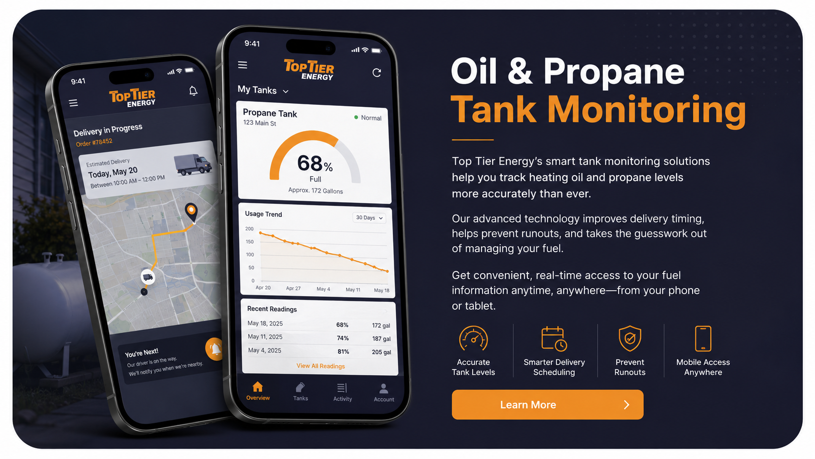 Smartphone showing oil and propane tank monitoring dashboard