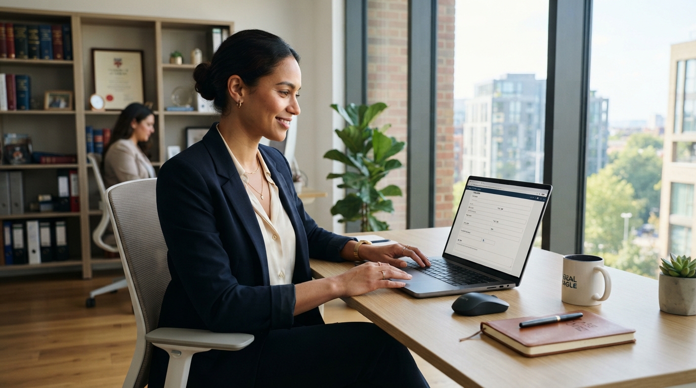 Relaxed lawyer or consultant setting up intake questions on a laptop