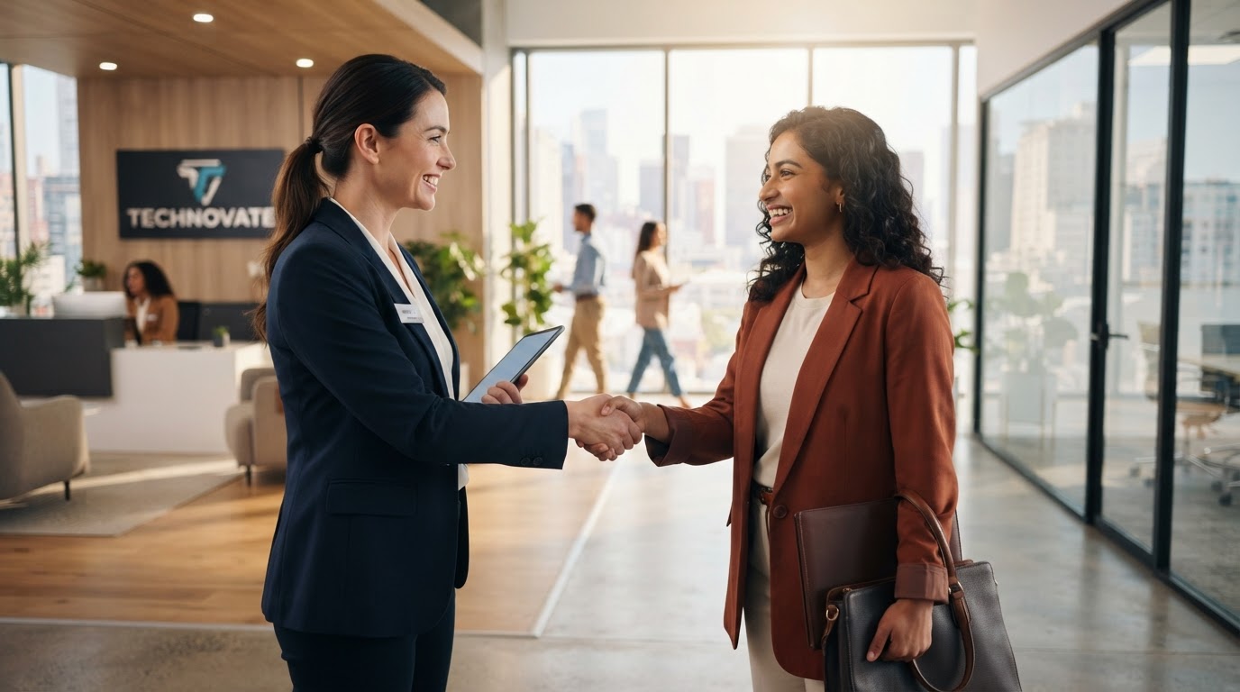 Friendly recruiter warmly welcoming a happy candidate to an interview in a bright modern office