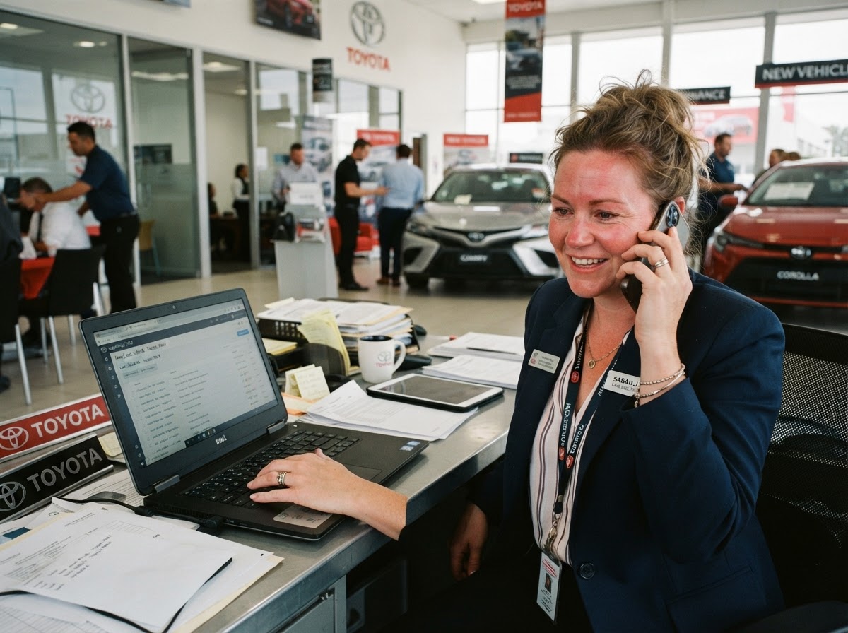 Car salesperson juggling portal leads and phone calls on a busy showroom floor