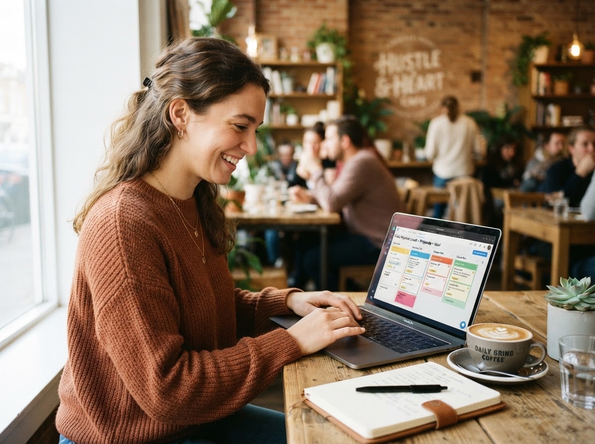 Relaxed young business owner building a sales pipeline on a laptop at a bright cafe desk with Zyri
