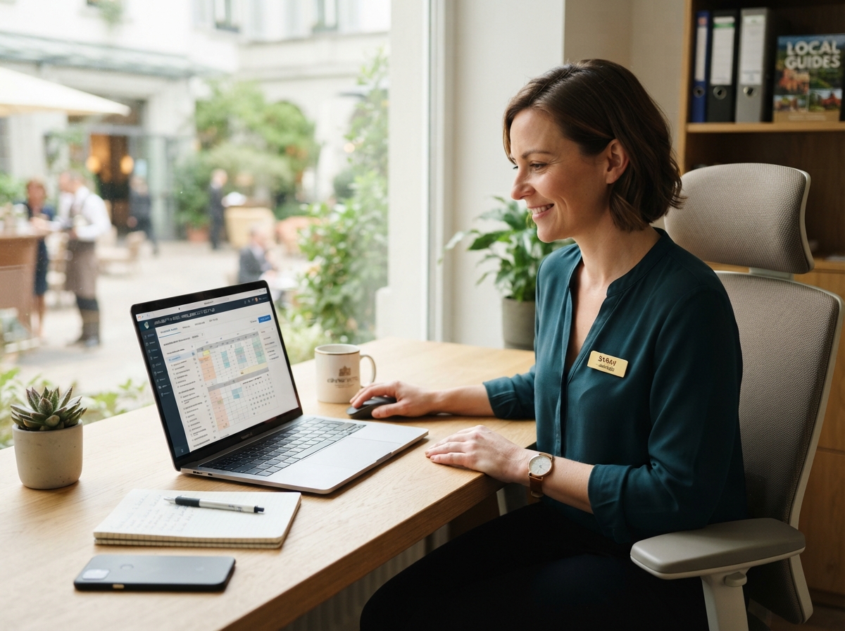 Relaxed hotel or restaurant manager setting up availability on a laptop