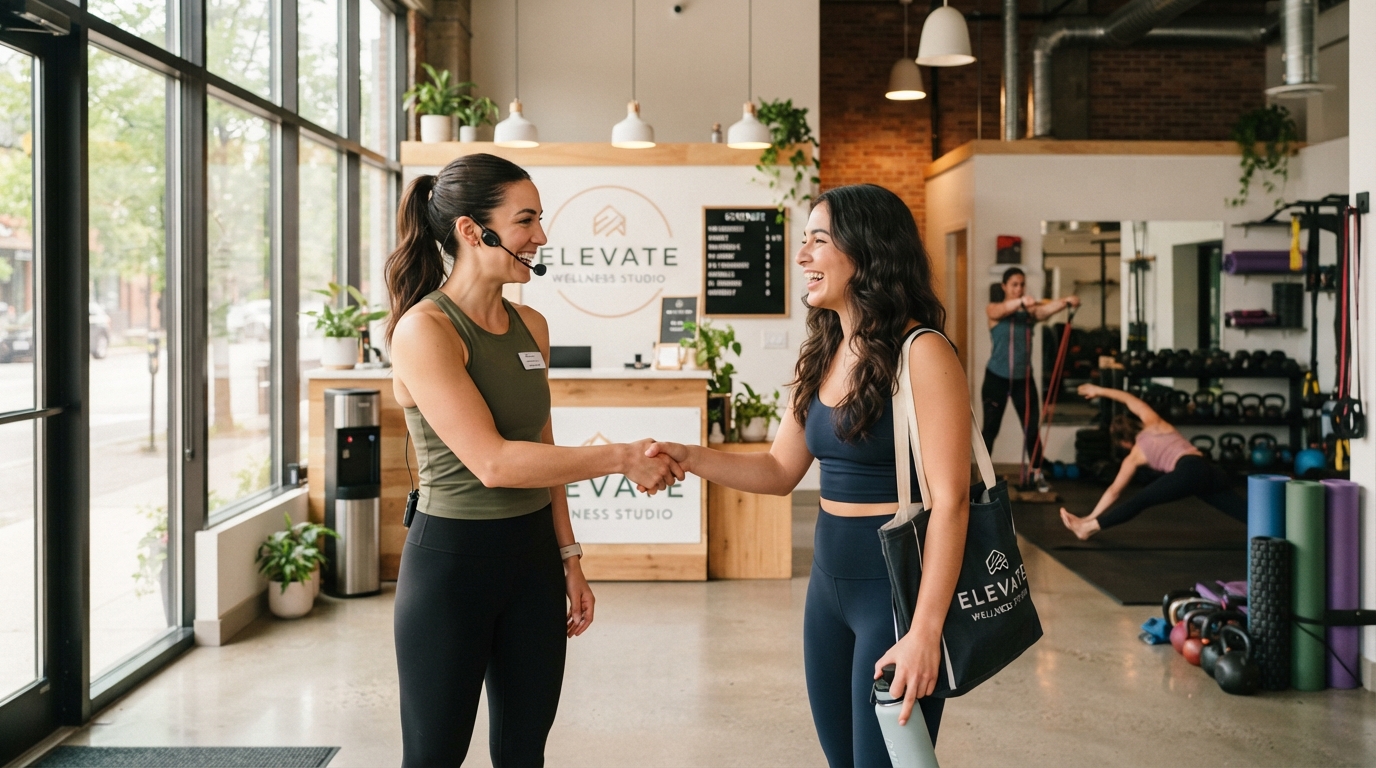 Bright energetic fitness studio with a happy trainer welcoming a smiling client