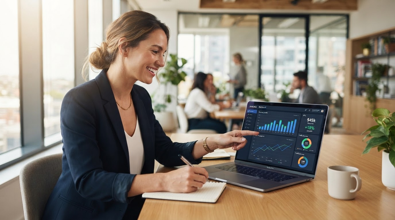 Confident owner reviewing a clean analytics dashboard
