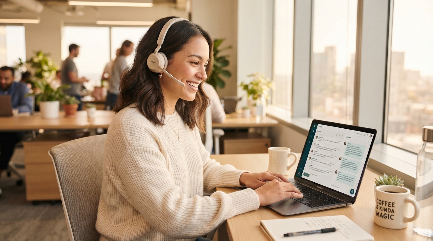 Calm support agent with headset managing all customer messages in one unified inbox on a bright day