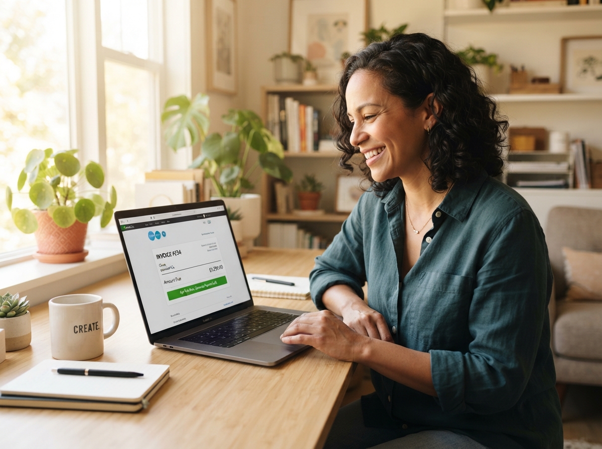 Relaxed owner creating an invoice on a laptop