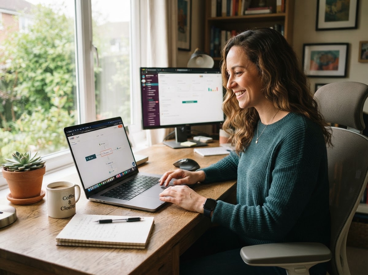 Relaxed sales manager building an automation on a laptop