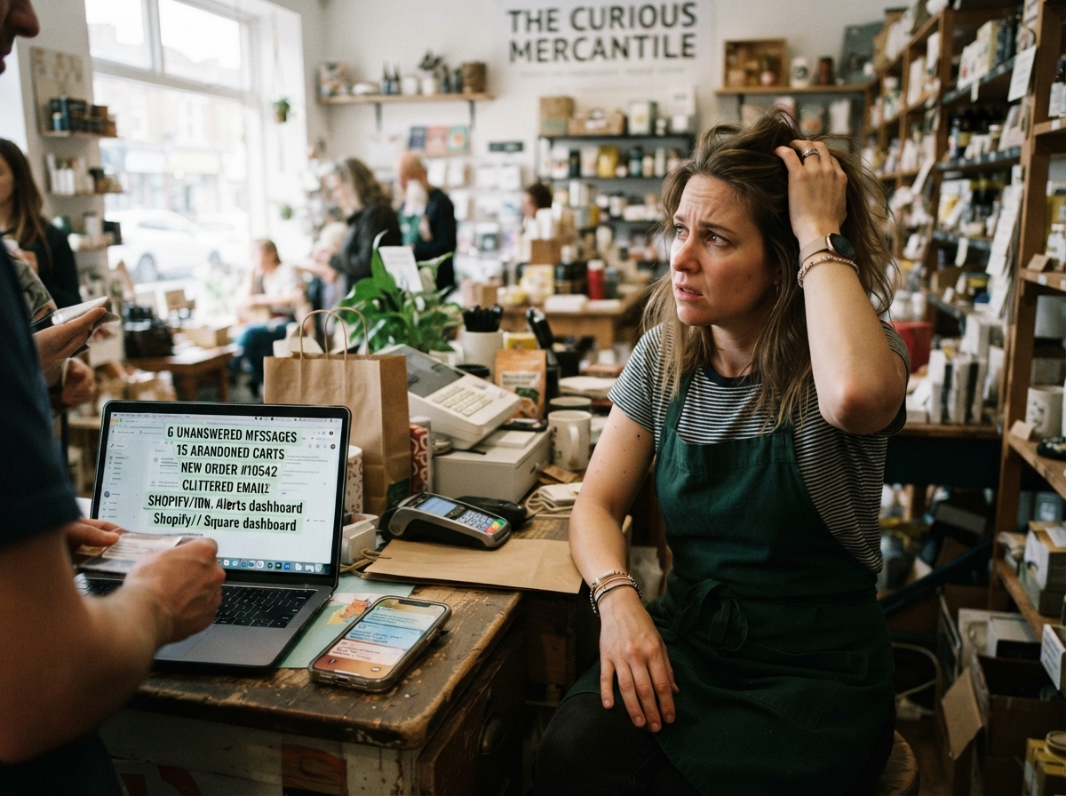 Retailer distracted at the counter while messages and cart notifications pile up