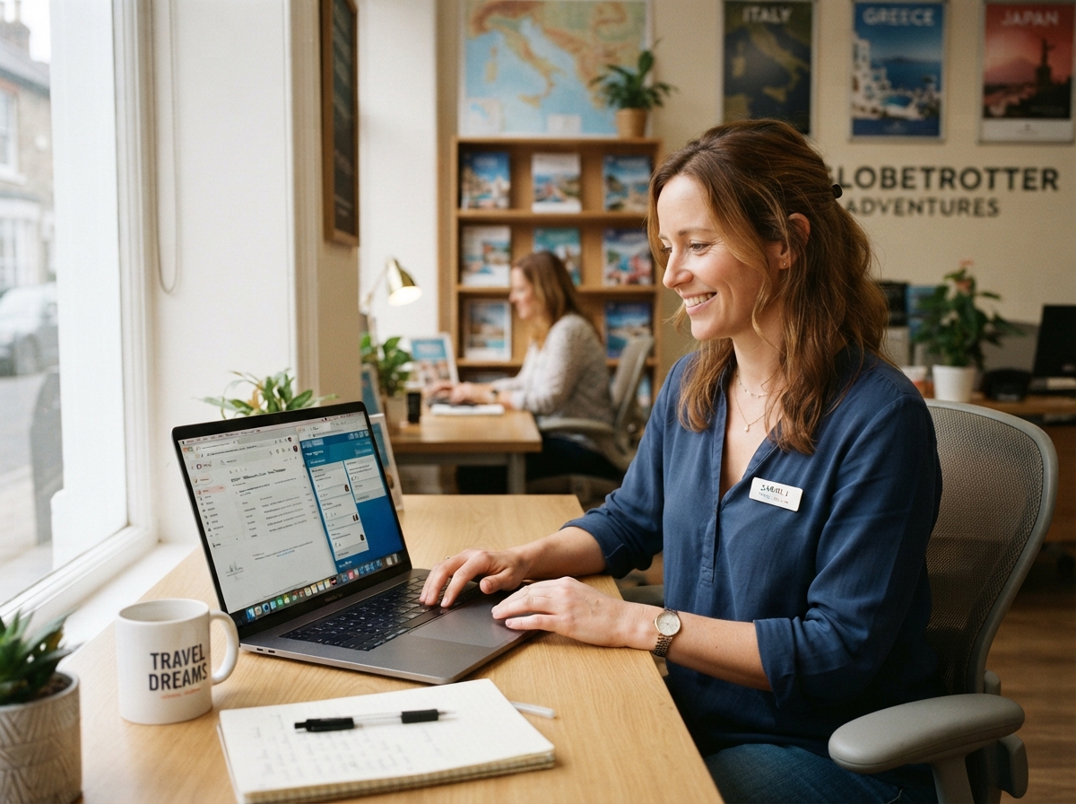 Relaxed travel agent setting up enquiry sources on a laptop, calm and at ease