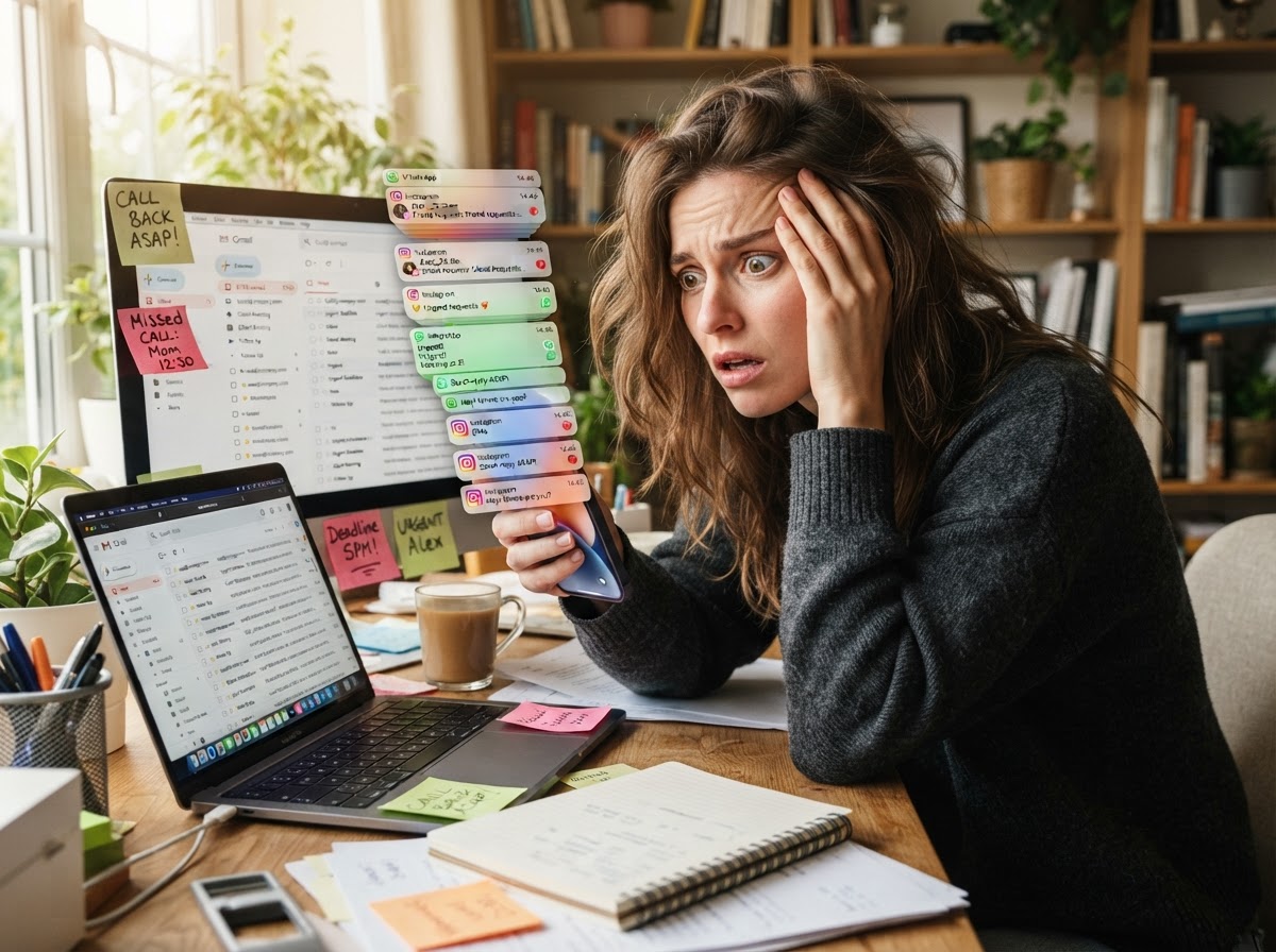 Person overwhelmed by scattered messaging apps on phone and laptop