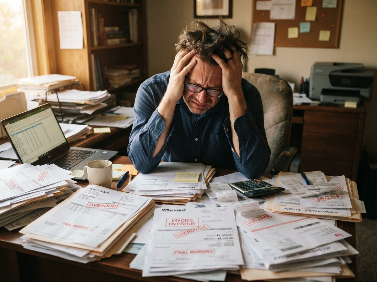Business owner surrounded by paperwork and unpaid invoices