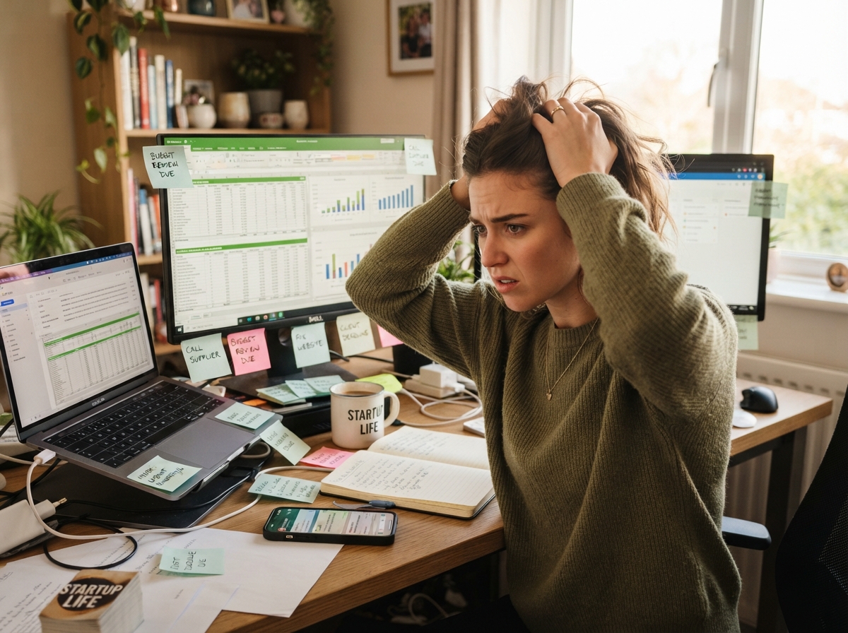 Business owner overwhelmed by multiple disconnected tools and screens