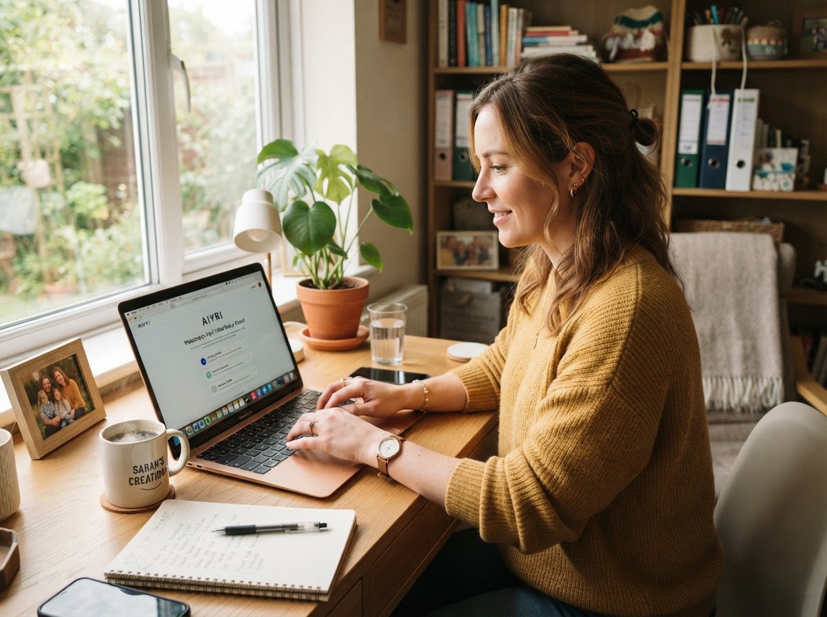 Relaxed small business owner setting up Zyri on a laptop at their own desk, calm and in control