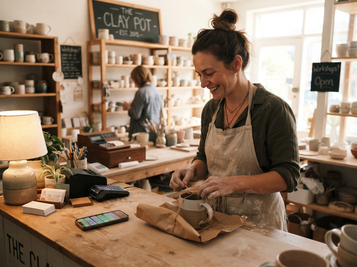 Small business owner busy at the counter, phone buzzing with messages they cannot get to